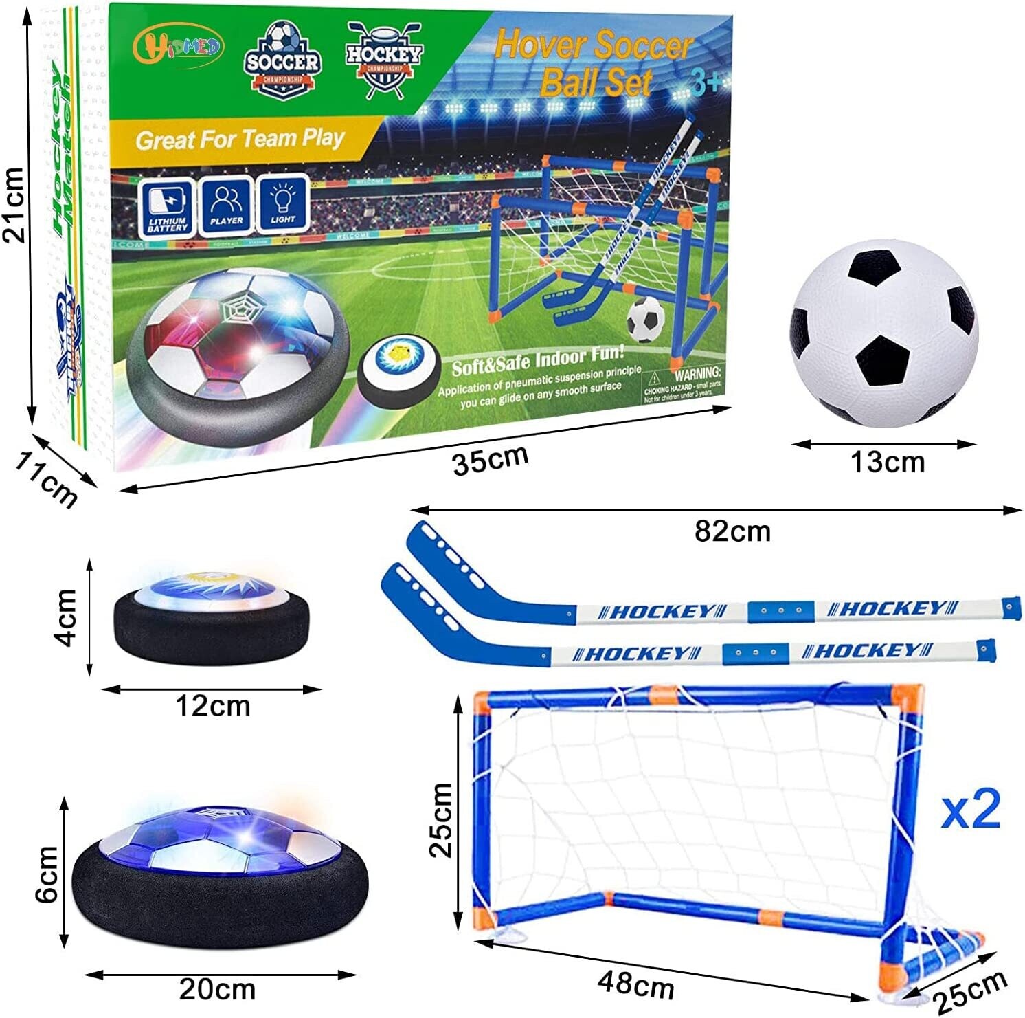 Set of 3 balls, 2 strikes, and 2 football goals for air power football hover ball hockey.
