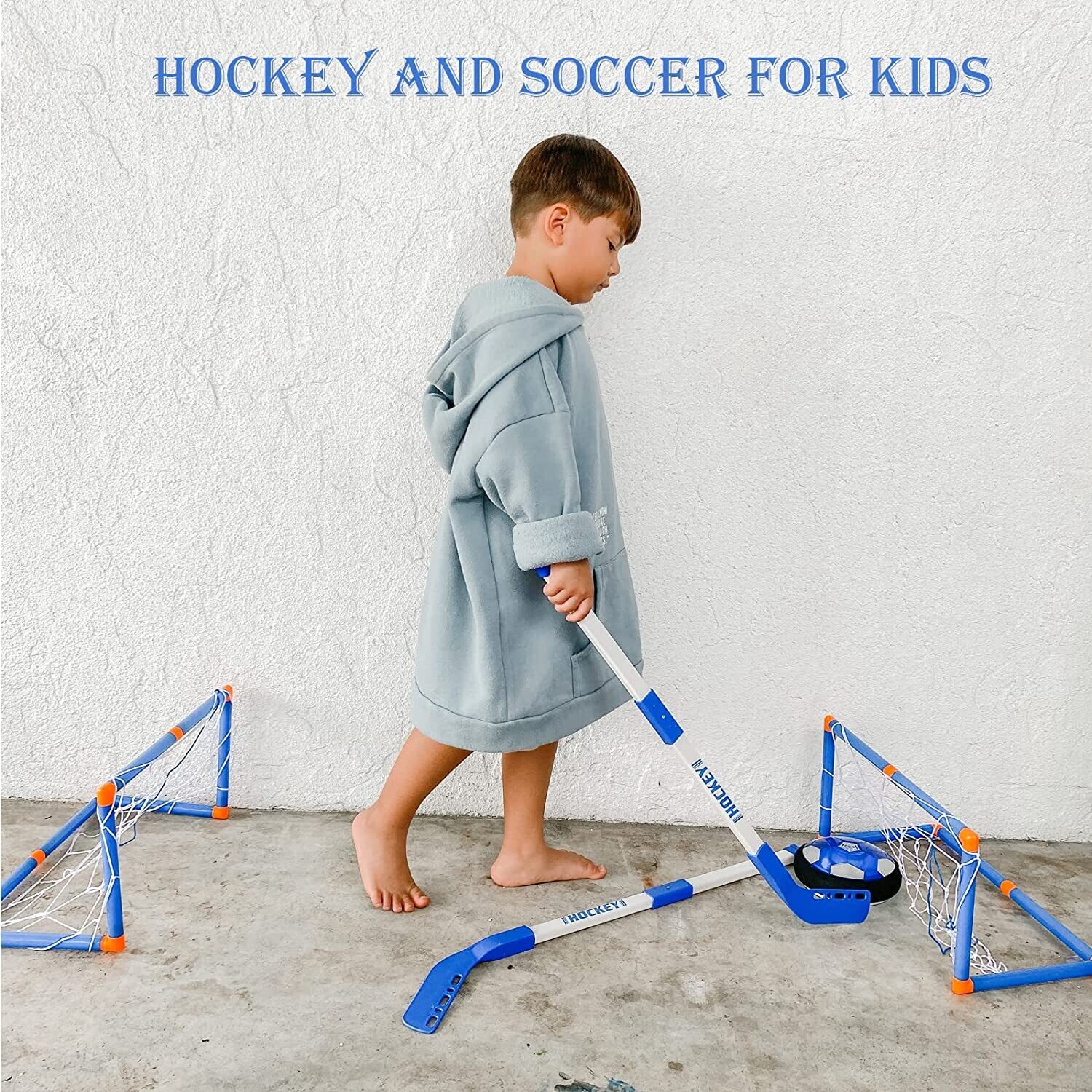 Set of 3 balls, 2 strikes, and 2 football goals for air power football hover ball hockey.