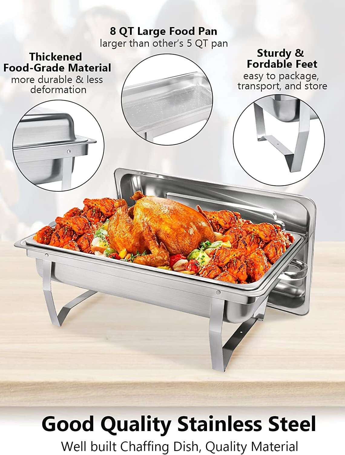 Rectangular Chafing Dish Buffet Set, 4 Pack 8 Qt, Stainless Steel Chafer Full size, Catering Food Warmer with Folding Frame, Ideal for Parties, Wedding, Festival Gathering