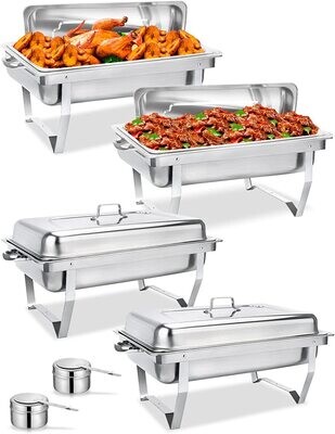 Rectangular Chafing Dish Buffet Set, 4 Pack 8 Qt, Stainless Steel Chafer Full size, Catering Food Warmer with Folding Frame, Ideal for Parties, Wedding, Festival Gathering