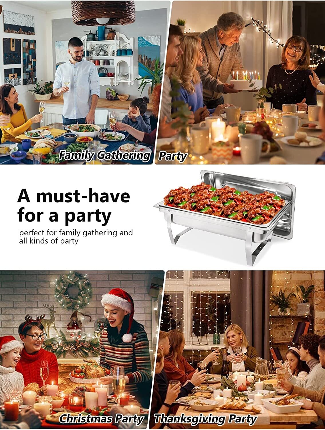 Rectangular Chafing Dish Buffet Set, 4 Pack 8 Qt, Stainless Steel Chafer Full size, Catering Food Warmer with Folding Frame, Ideal for Parties, Wedding, Festival Gathering