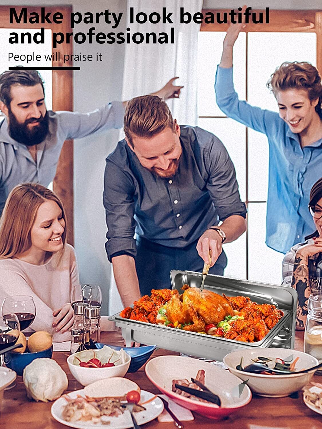 Rectangular Chafing Dish Buffet Set, 4 Pack 8 Qt, Stainless Steel Chafer Full size, Catering Food Warmer with Folding Frame, Ideal for Parties, Wedding, Festival Gathering