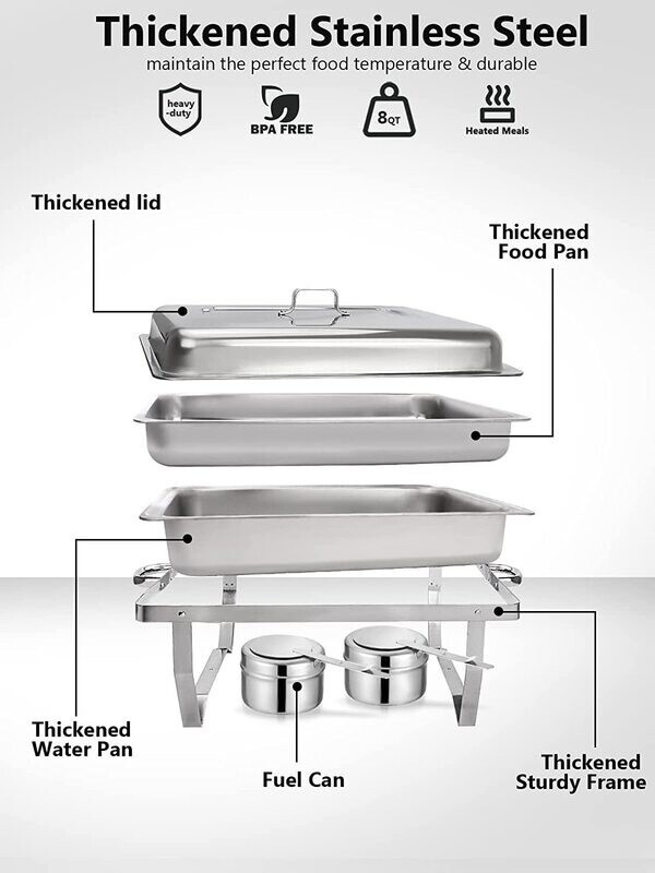 Rectangular Chafing Dish Buffet Set, 4 Pack 8 Qt, Stainless Steel Chafer Full size, Catering Food Warmer with Folding Frame, Ideal for Parties, Wedding, Festival Gathering