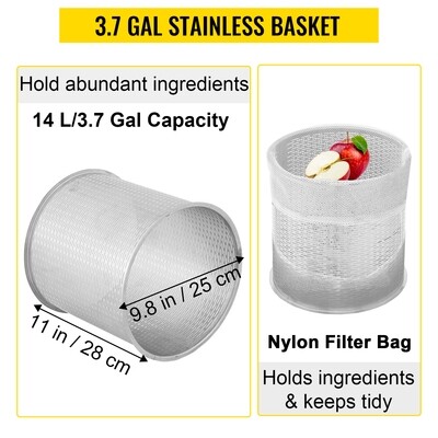 3.7 Gal / 14 L Cast Iron Manual Grape Presser - Heavy-Duty Fruit and Wine Maker - Perfect for Pressing Grapes and Fruits for Homemade Wine - Sturdy, Efficient Design for Small-Batch Production
