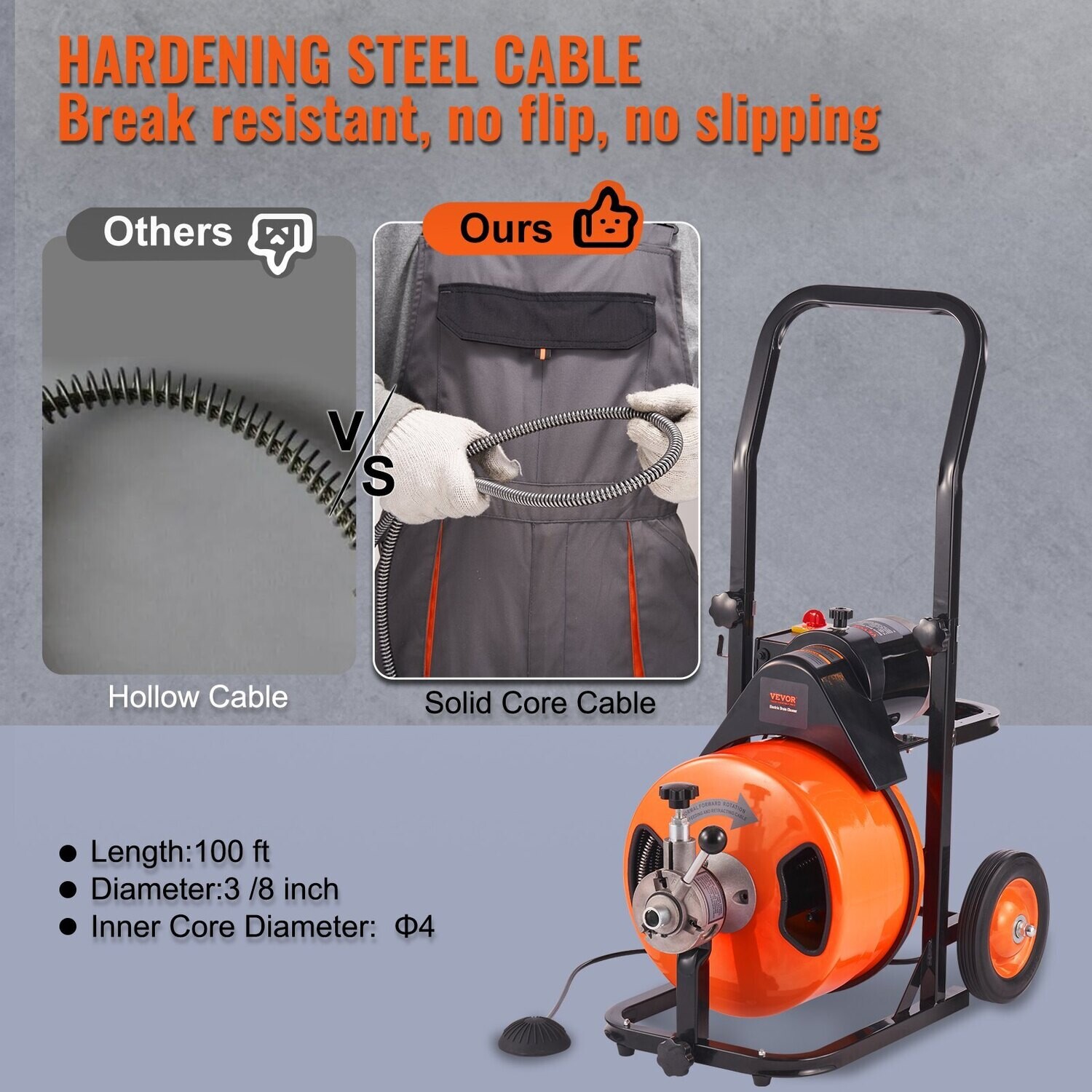 Electric Drain Cleaning Machine with 100 FT x 3/8 Inch Auto-Feed Drain Auger – Heavy-Duty Sewer Snake for Plumbing and Clog Removal
