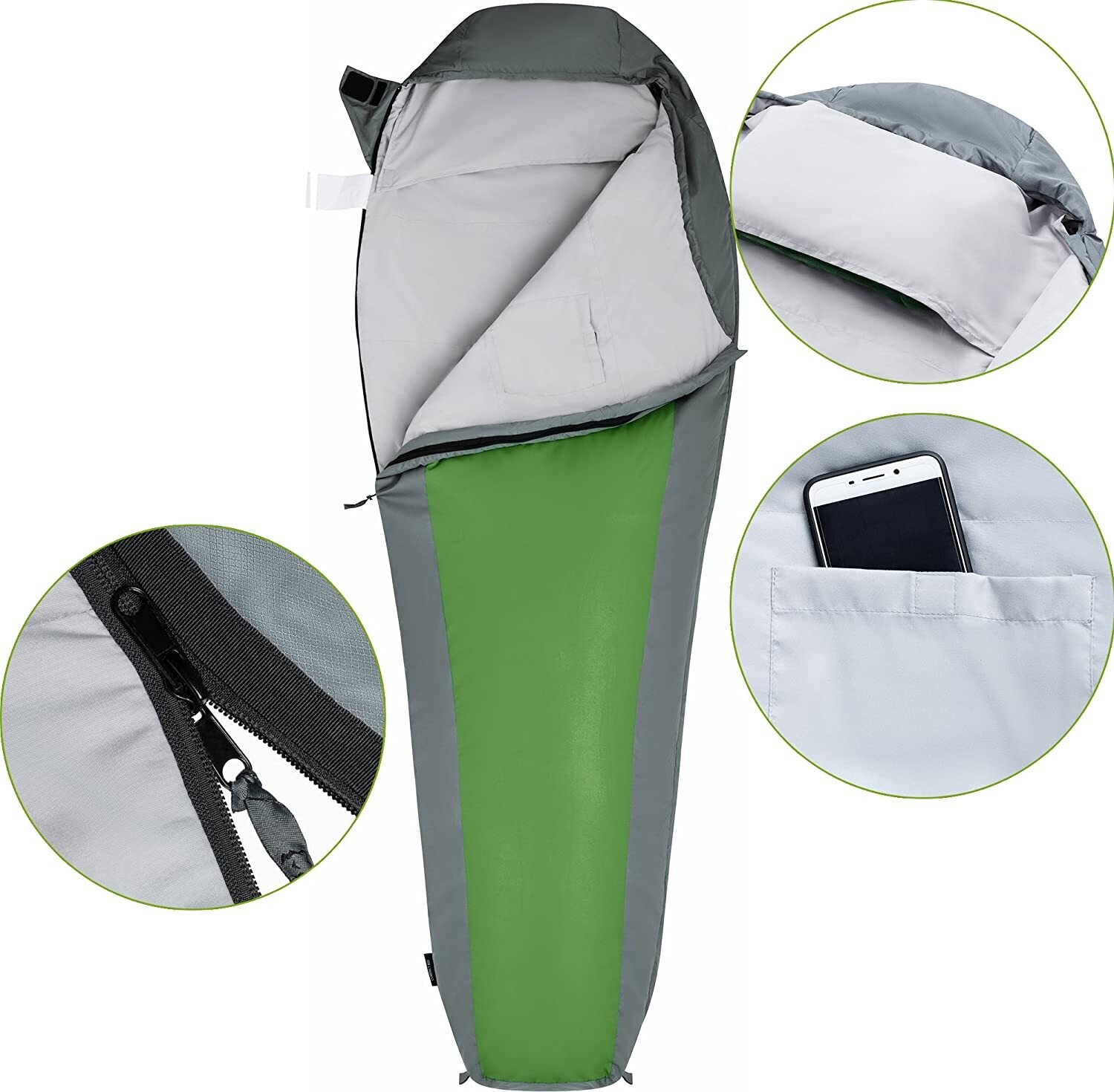 Compact 1000 Ultra-Light Mummy Sleeping Bag – 2-3 Seasons, 1.1 kg (200 x 80 x 50 cm), Perfect for Camping, Hiking, Festivals, Backpacking &amp; Home