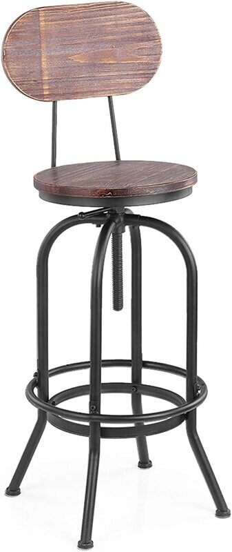 Adjustable Swivel Kitchen Bar Stools - Pinewood Top with Metal Foot and Backrest, Retro Wrought Iron Design for Dining, Cafe, and Loft Spaces - High Stool with Lift Mechanism