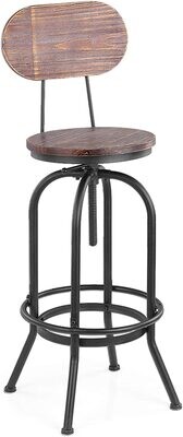 Adjustable Swivel Kitchen Bar Stools - Pinewood Top with Metal Foot and Backrest, Retro Wrought Iron Design for Dining, Cafe, and Loft Spaces - High Stool with Lift Mechanism