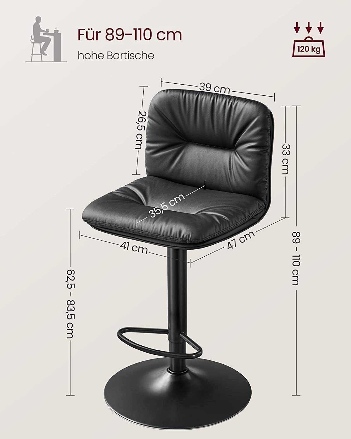 2x Adjustable Height Bar Stools - Stylish and Versatile Seating for Kitchens, Bars, and Dining Areas, Perfect for Any Décor