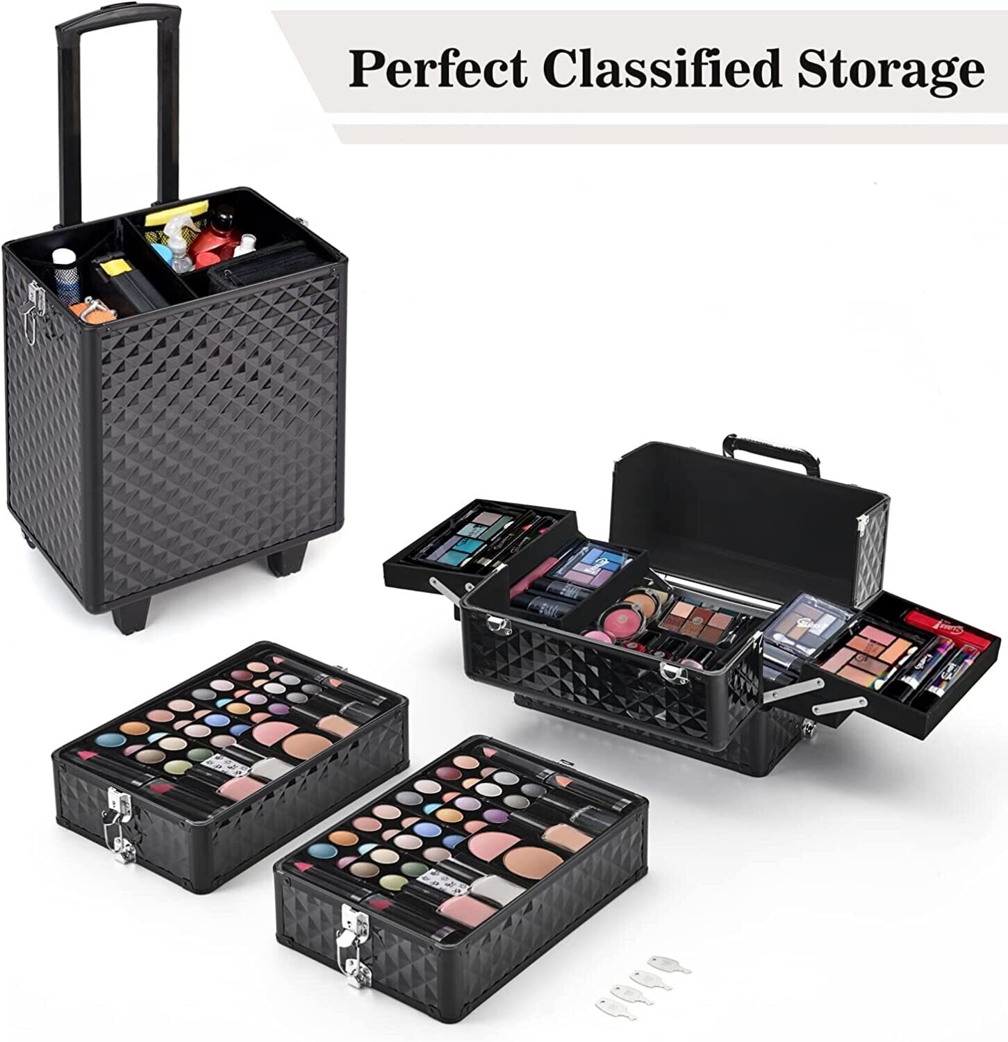 Professional Aluminum Rolling Vanity Cosmetic Case with 4 in 1 Makeup Trolley