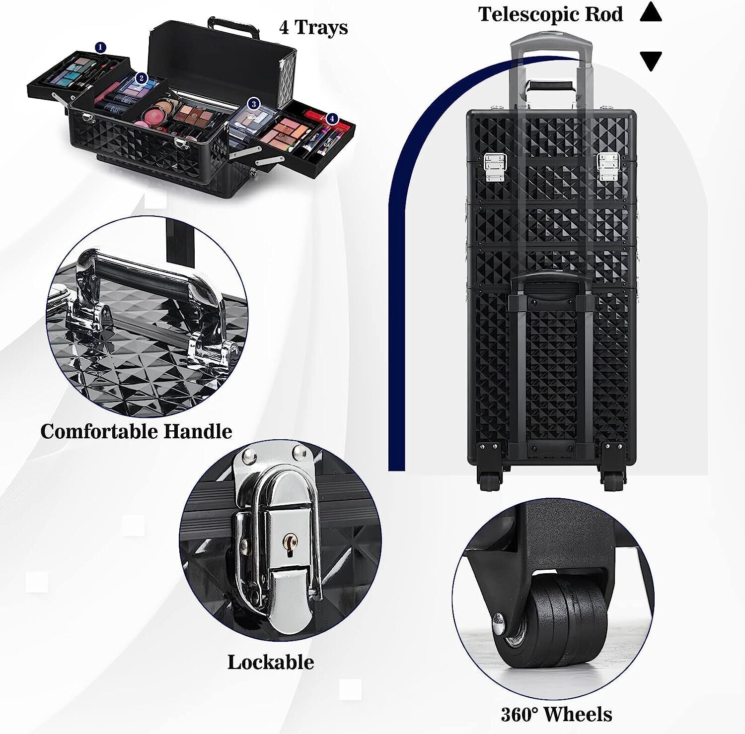 Professional Aluminum Rolling Vanity Cosmetic Case with 4 in 1 Makeup Trolley