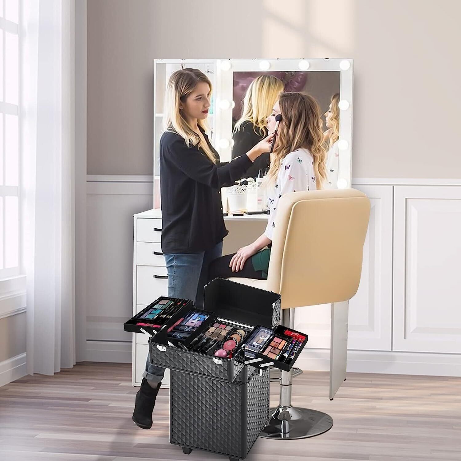 Professional Aluminum Rolling Vanity Cosmetic Case with 4 in 1 Makeup Trolley