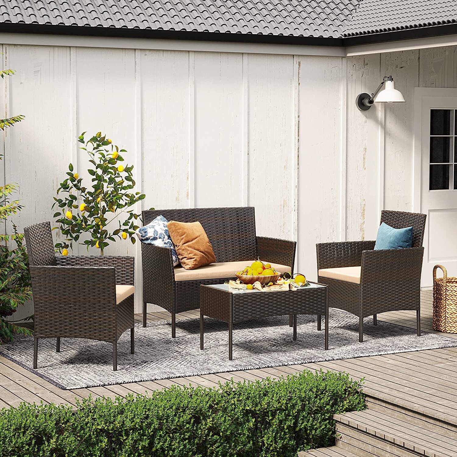 4-Piece Rattan Garden Chair Furniture Set - Stylish Weather-Resistant Wicker Patio Furniture with Cushions, Perfect for Gardens, Balconies, and Terraces