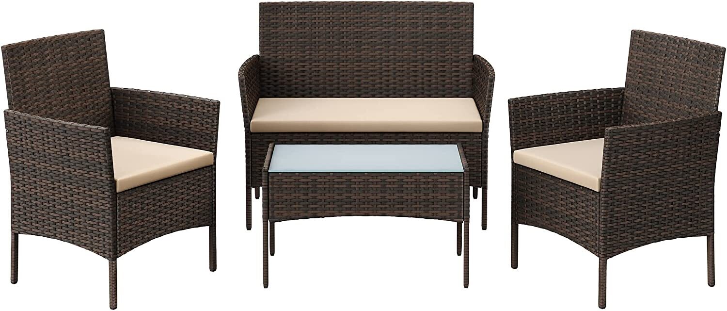 4-Piece Rattan Garden Chair Furniture Set - Stylish Weather-Resistant Wicker Patio Furniture with Cushions, Perfect for Gardens, Balconies, and Terraces