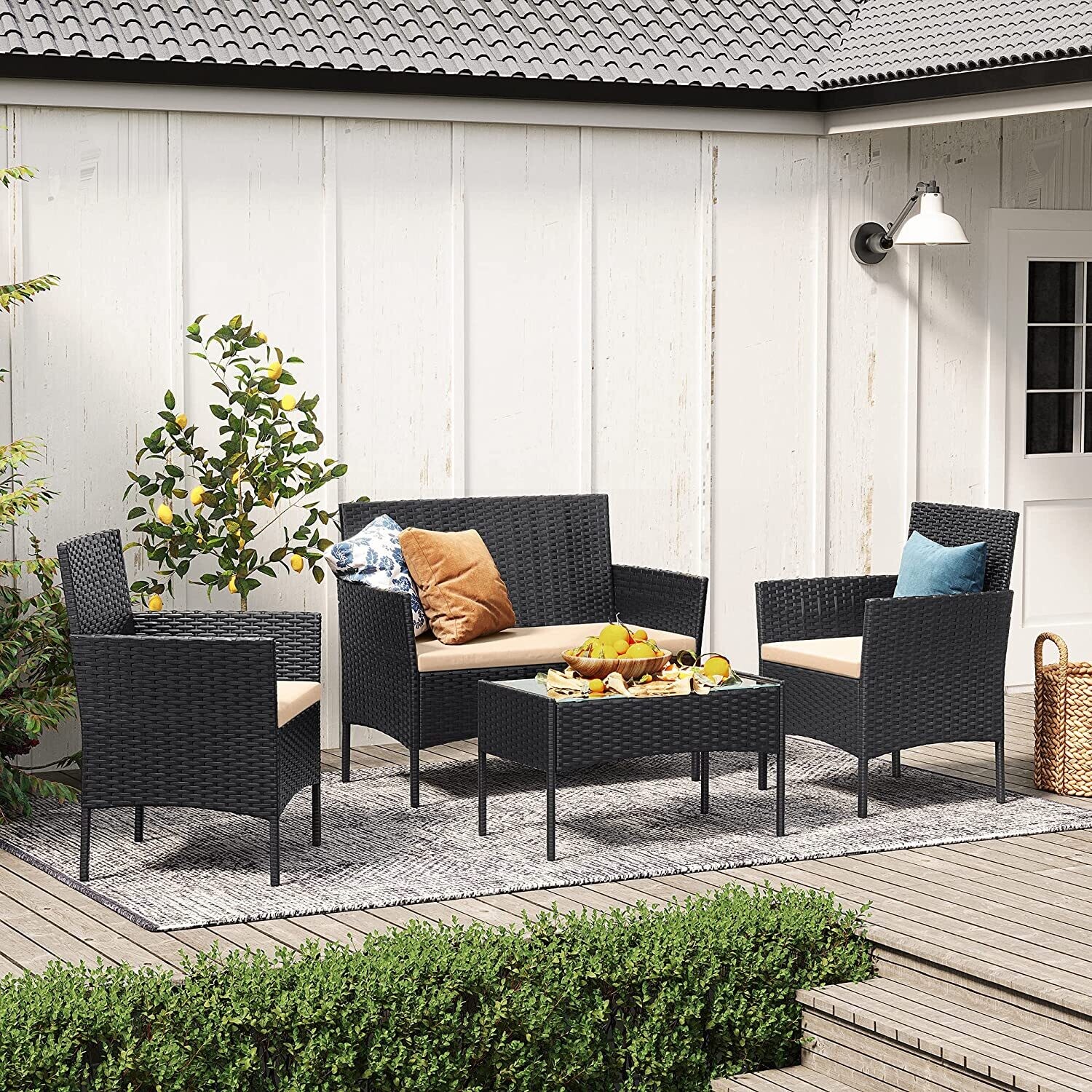 4-Piece Rattan Garden Chair Furniture Set - Stylish Weather-Resistant Wicker Patio Furniture with Cushions, Perfect for Gardens, Balconies, and Terraces