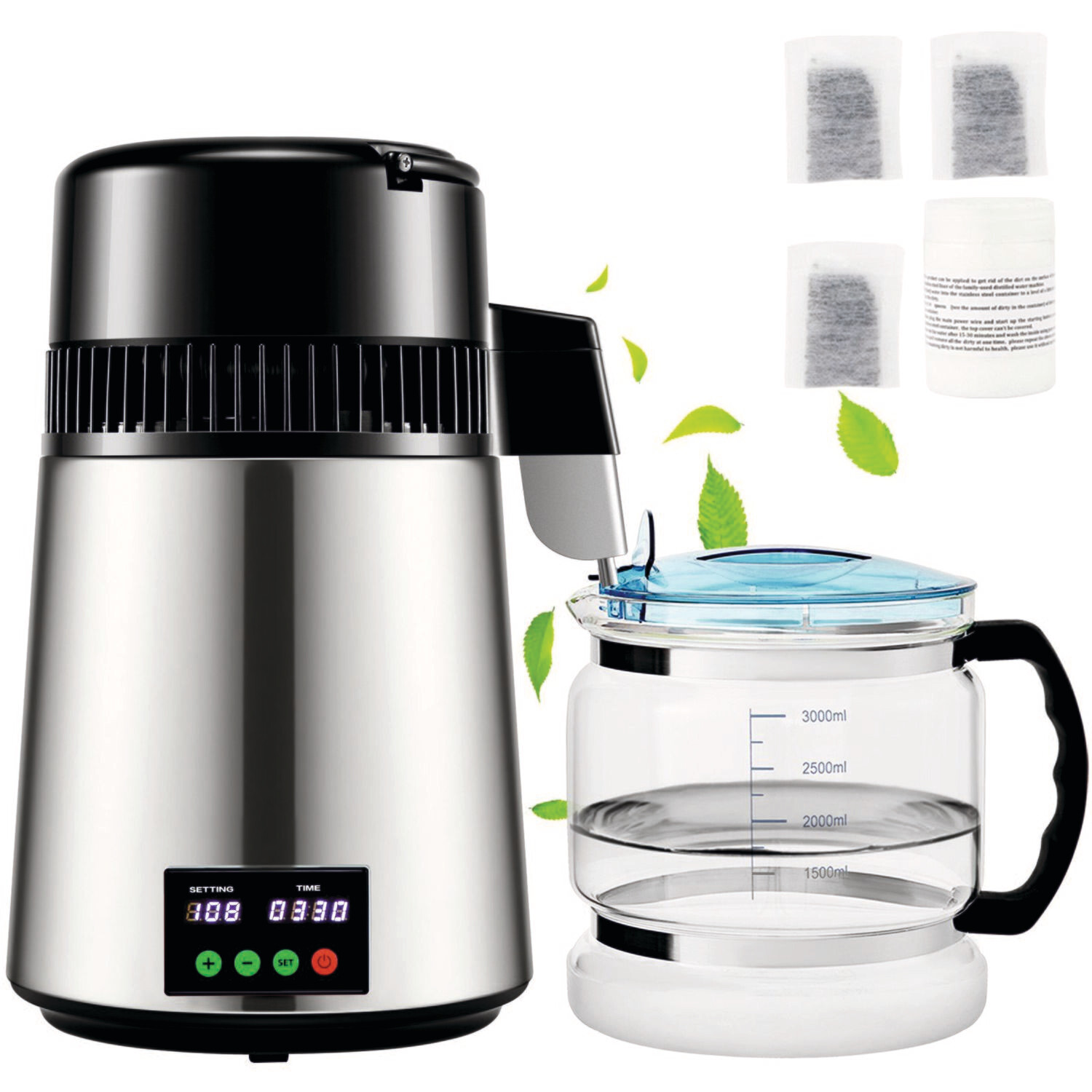 4L Water Distiller - 750W Distillation Machine with 1 L/H Output, Timing &amp; Temperature Display for Purifying Water at Home or in Laboratories, Colour: Silver