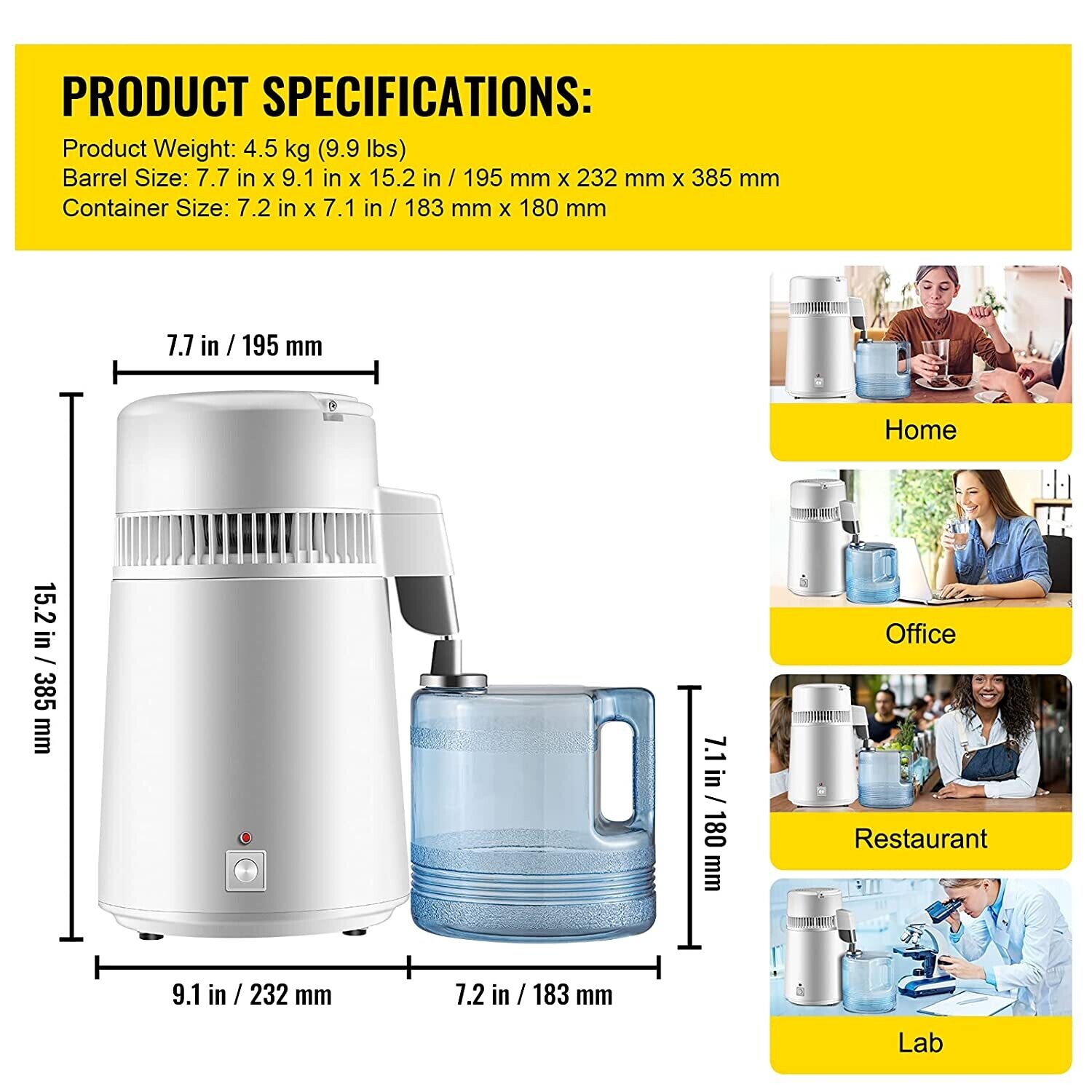 4L Water Distiller - 750W Distillation Machine with 1 L/H Output, Timing &amp; Temperature Display for Purifying Water at Home or in Laboratories
