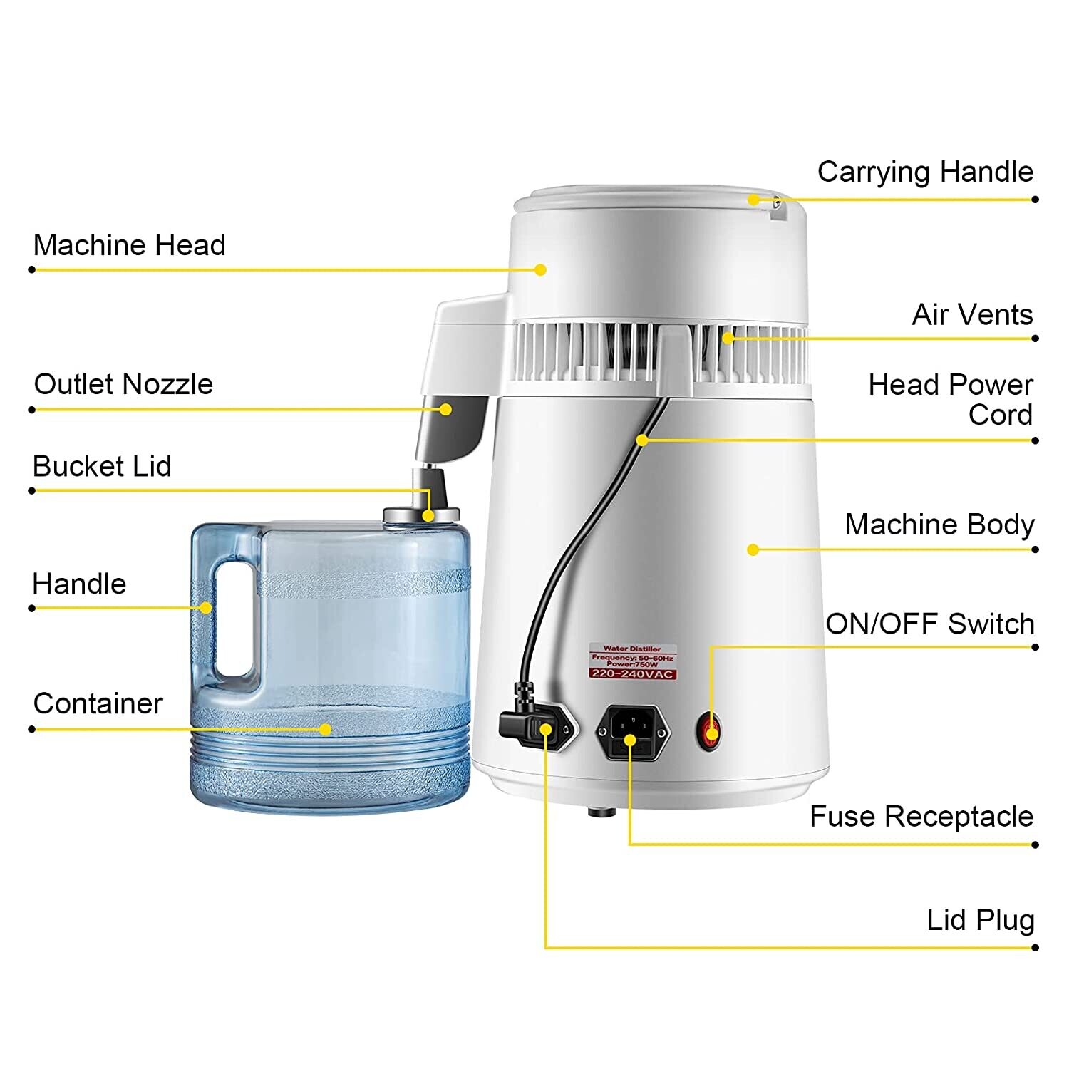 4L Water Distiller - 750W Distillation Machine with 1 L/H Output, Timing &amp; Temperature Display for Purifying Water at Home or in Laboratories