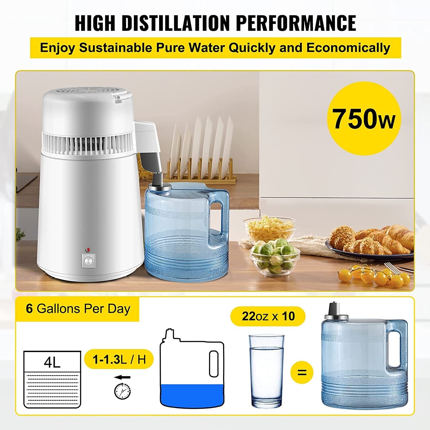 4L Water Distiller - 750W Distillation Machine with 1 L/H Output, Timing &amp; Temperature Display for Purifying Water at Home or in Laboratories