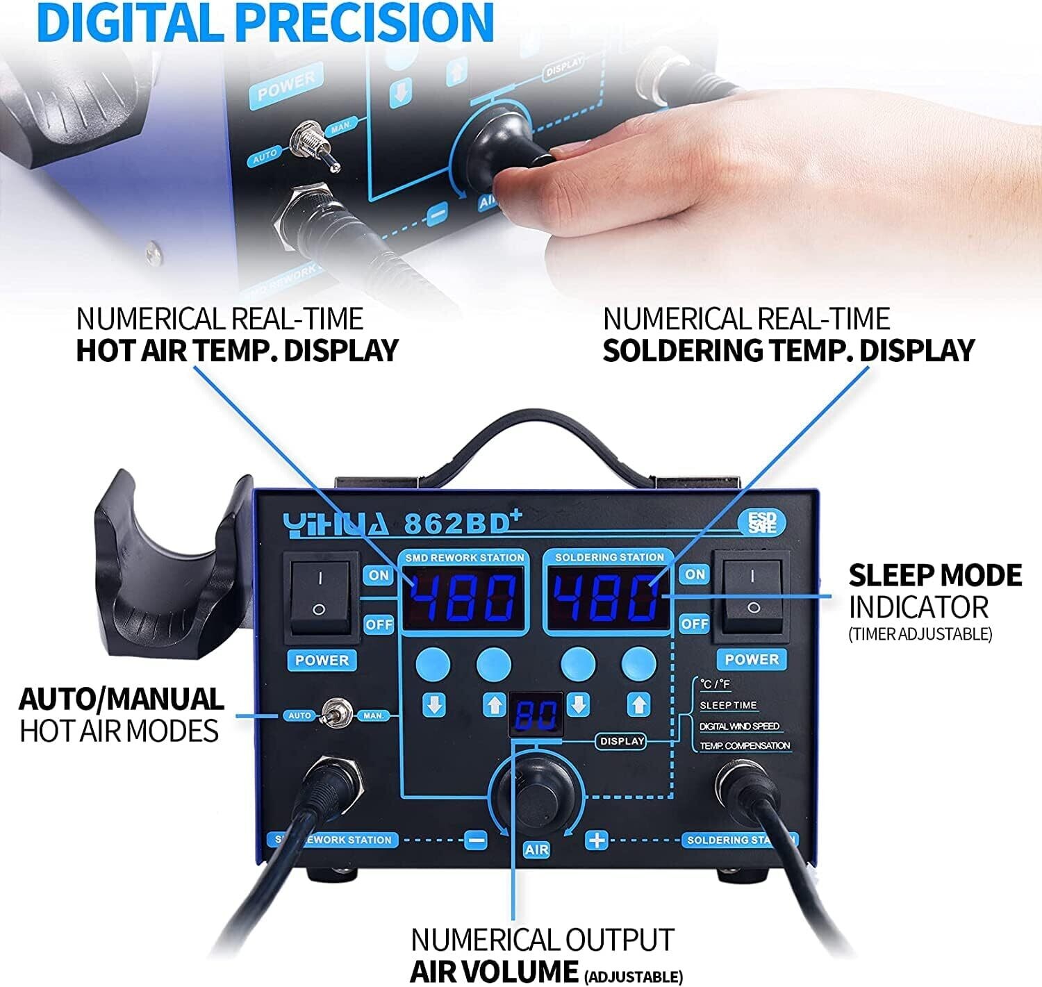 Professional Digital Hot Air Rework and Soldering Station Temperature Adjustable, LED Display
