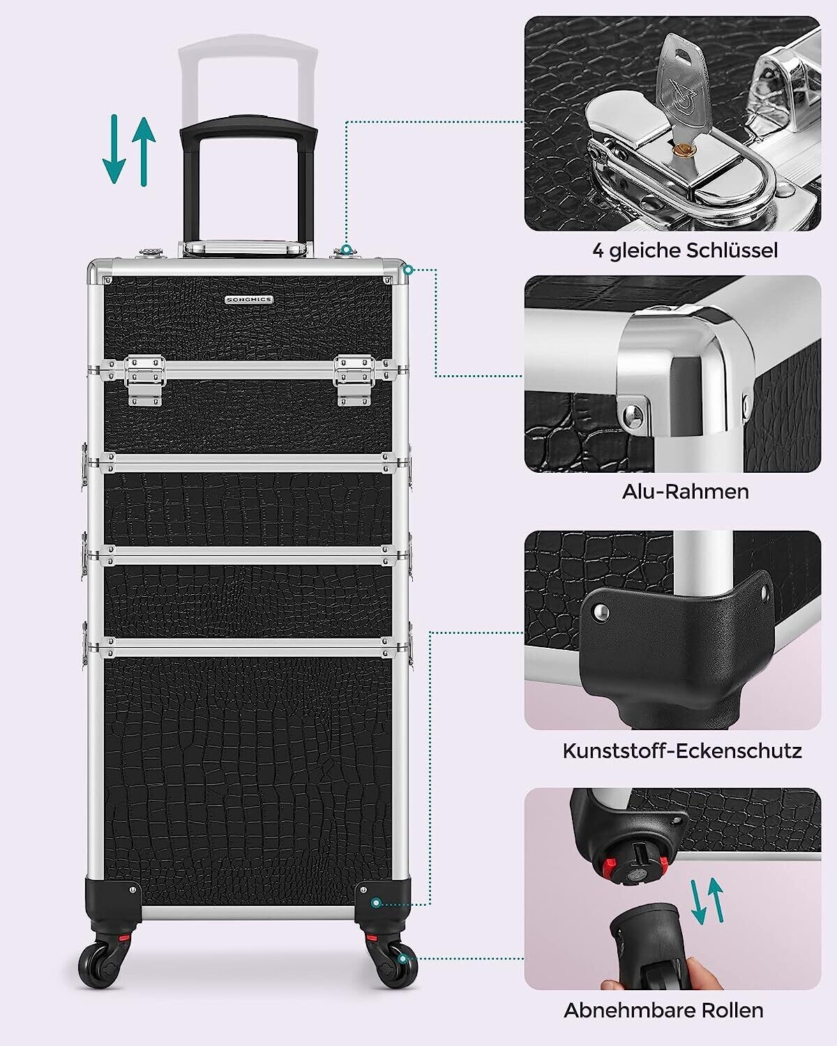 Aluminium Makeup Trolley Cosmetic Case with Detachable Mini-Cases – Portable Storage for Beauty Tools and Supplies