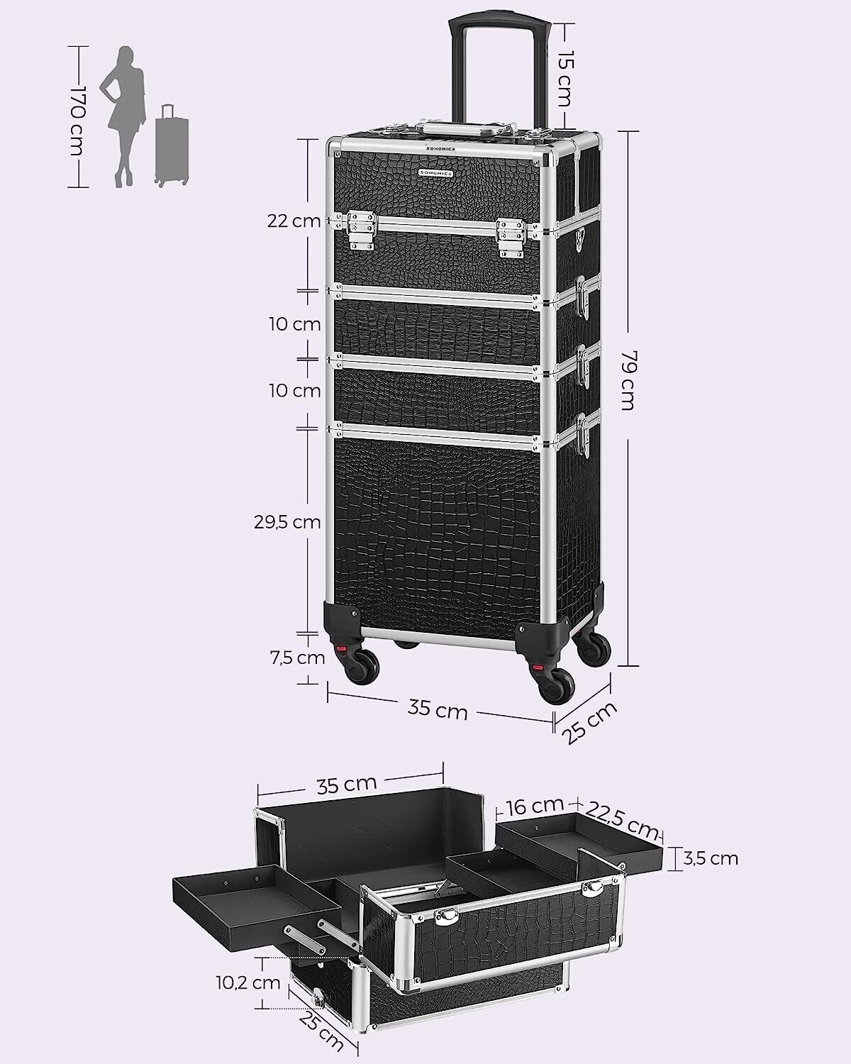 Aluminium Makeup Trolley Cosmetic Case with Detachable Mini-Cases – Portable Storage for Beauty Tools and Supplies