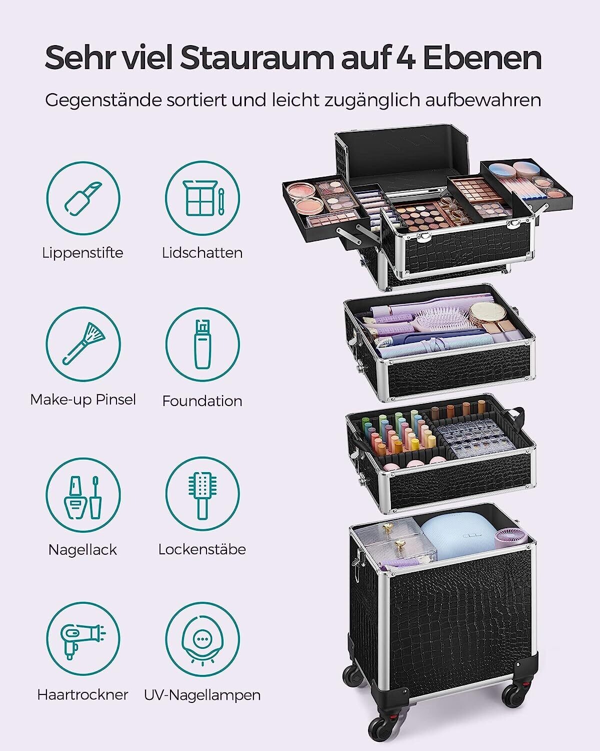 Aluminium Makeup Trolley Cosmetic Case with Detachable Mini-Cases – Portable Storage for Beauty Tools and Supplies
