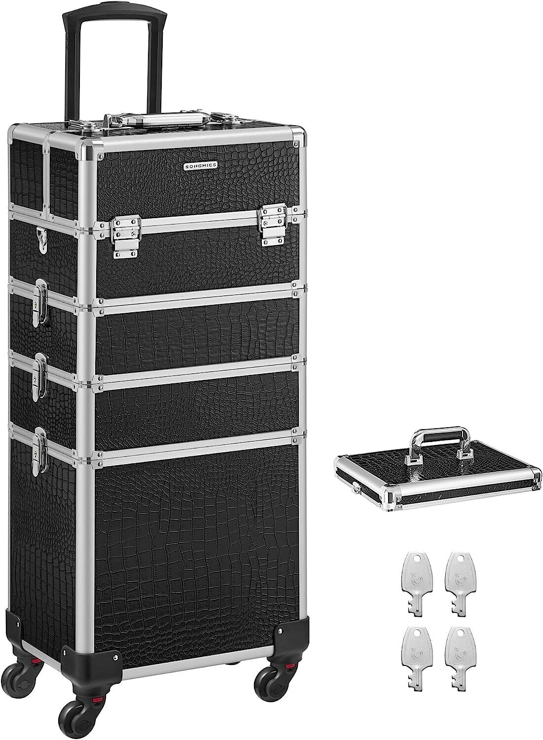 Aluminium Makeup Trolley Cosmetic Case with Detachable Mini-Cases – Portable Storage for Beauty Tools and Supplies, Color: Black