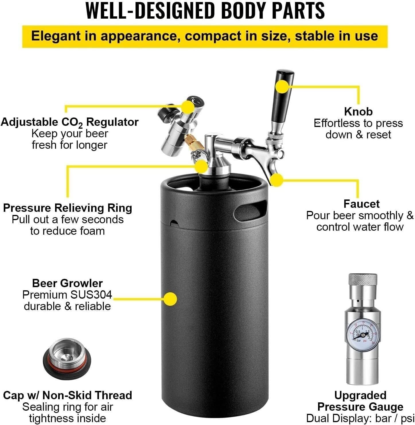 5L Stainless Steel Pressurized Mini Beer Keg with Adjustable System, Premium Tap, and CO2 Charger Kit for Home Brewing