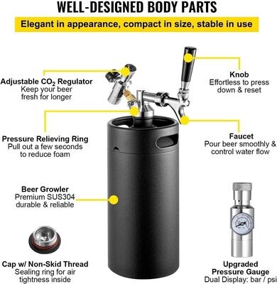 5L Stainless Steel Pressurized Mini Beer Keg with Adjustable System, Premium Tap, and CO2 Charger Kit for Home Brewing