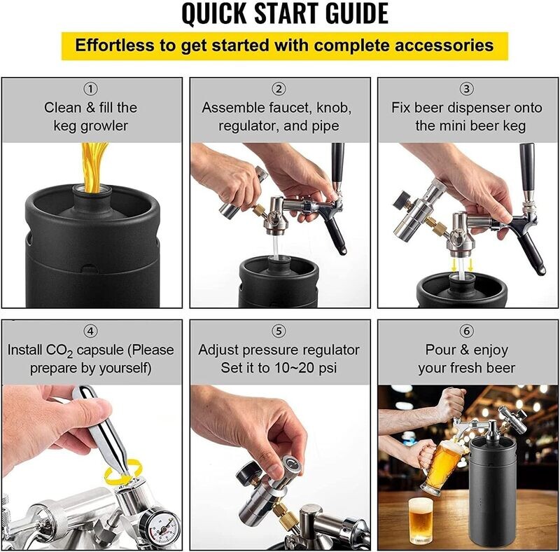 5L Stainless Steel Pressurized Mini Beer Keg, Adjustable System, Tap, Premium, CO2 Charger Kit