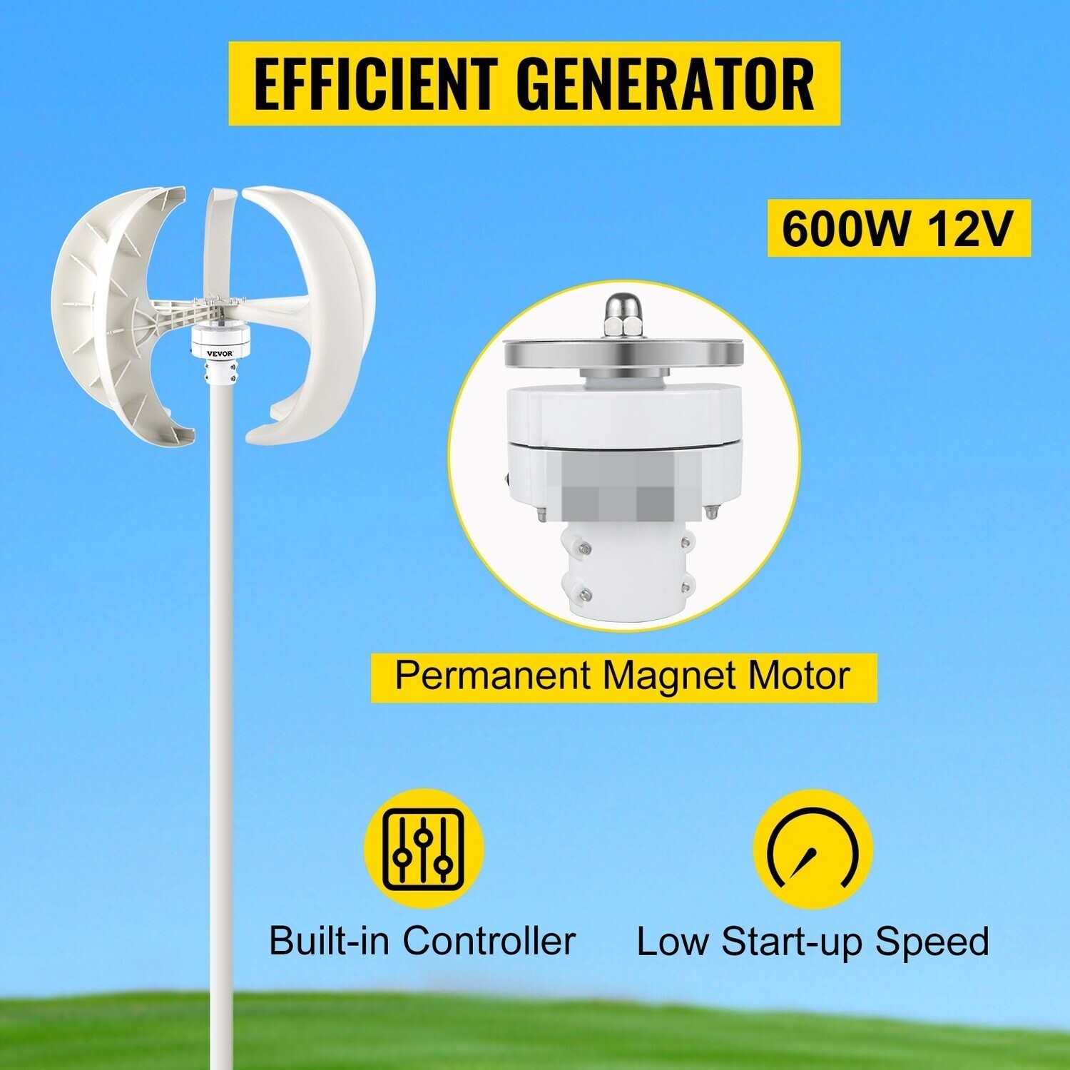 5-Blade Vertical Axis Wind Turbine Generator - 600W 12V Efficient Energy Solution for Sustainable Power Generation