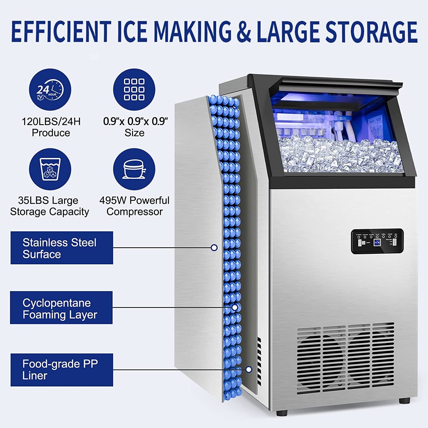 56kg/132lbs 220V Commercial Ice Maker - Automatic Clear Cube Ice Machine for Efficient Ice Production