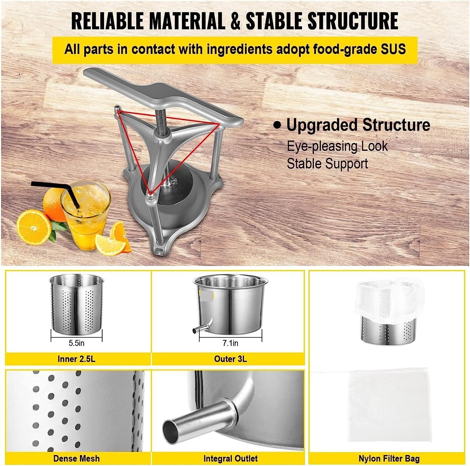 3-Liter Manual Press Machine with Triangular Structure &amp; T-Handle - Ideal for Pressing Fruit, Wine, Cider, Tinctures, Cheese, Herbs, and Vegetables - Durable and Efficient Design for Small Batch