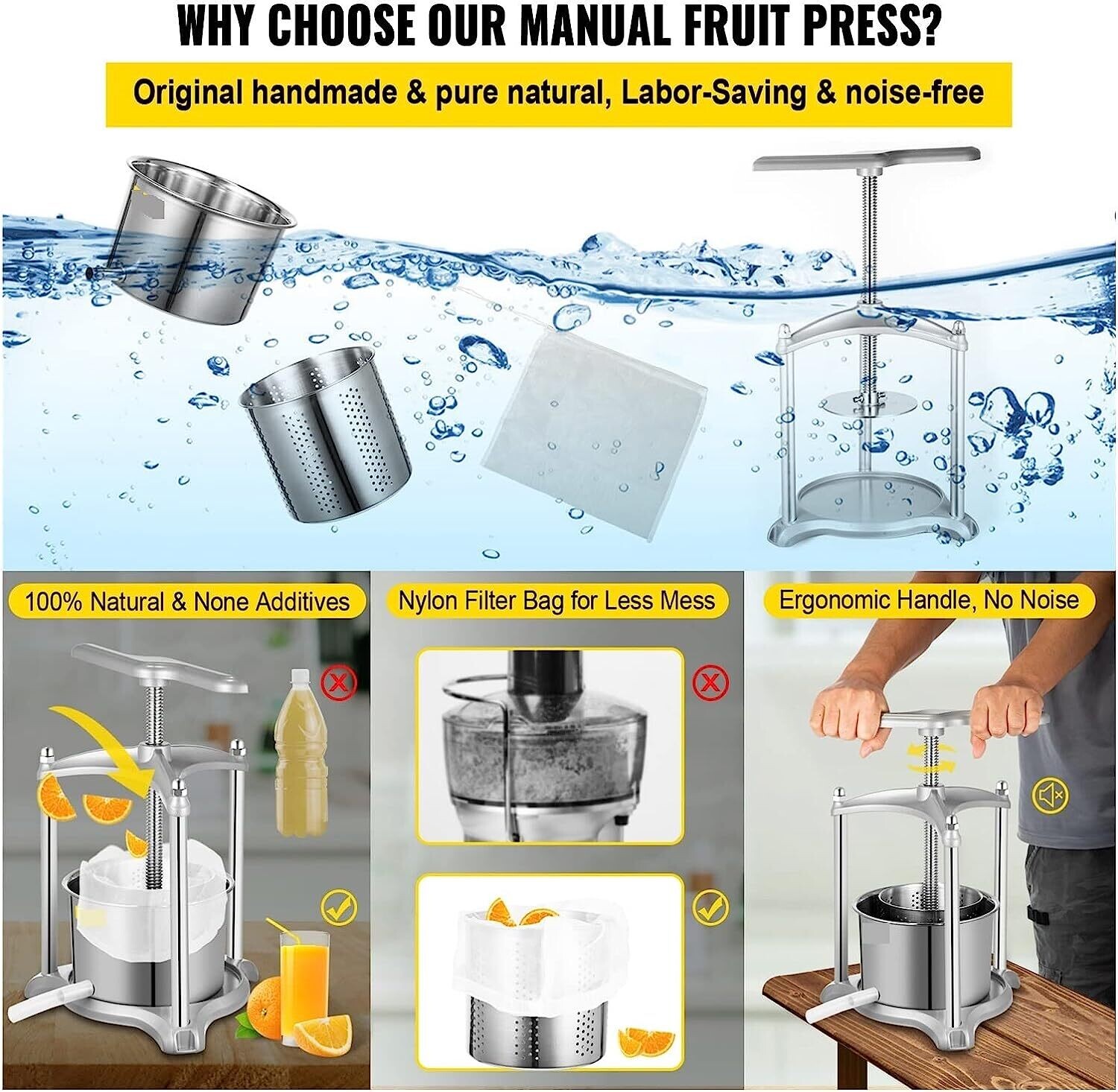 3-Liter Manual Press Machine with Triangular Structure &amp; T-Handle - Ideal for Pressing Fruit, Wine, Cider, Tinctures, Cheese, Herbs, and Vegetables - Durable and Efficient Design for Small Batch