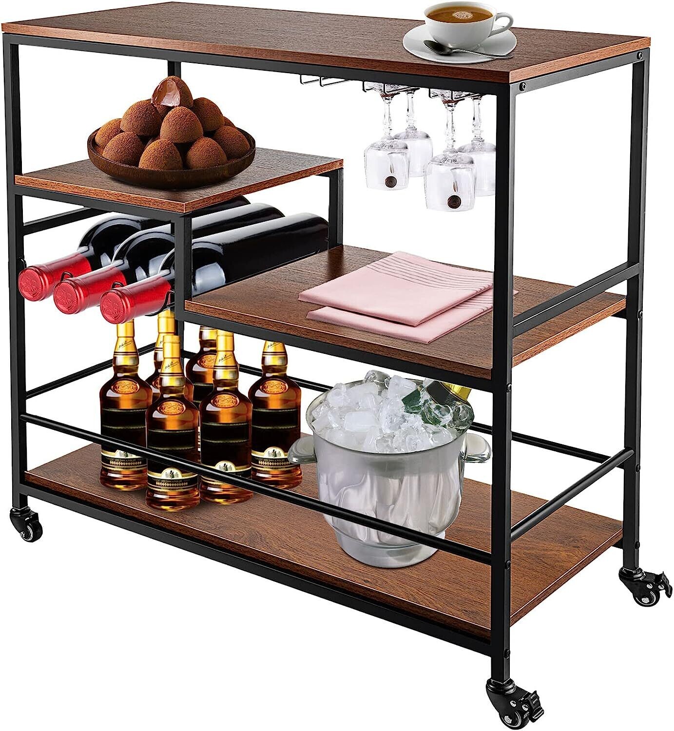 3-Tier Home Bar Cart with Wine Rack - Rustic Industrial Bar Cart for Serving and Storage - Stylish Rolling Bar Cart with Shelves for Wine, Glasses, and Accessories - Perfect for Home Entertaining, Kit