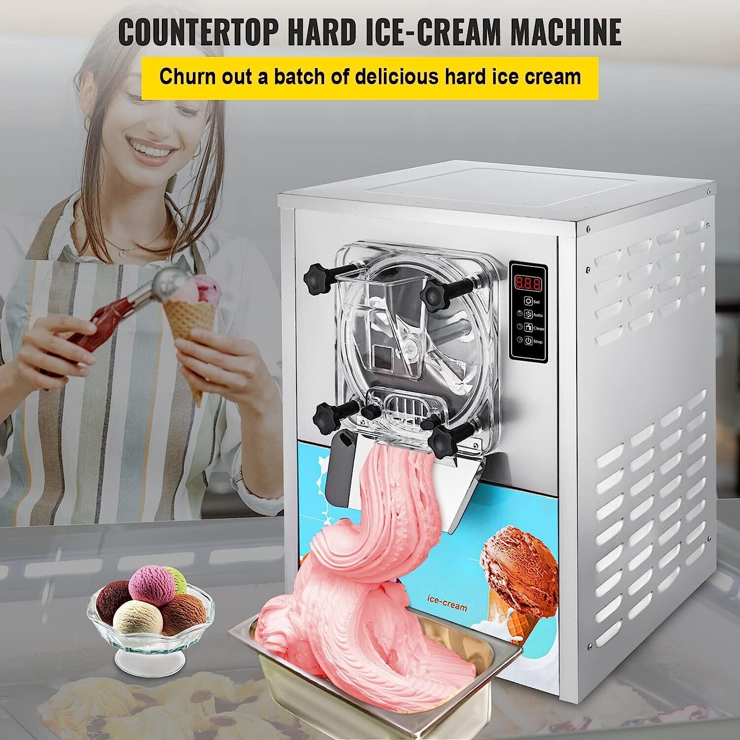 Commercial Hard Ice Cream Machine, 1400W High-Performance Ice Cream Maker, Ideal for Cafes, Restaurants, and Dessert Shops