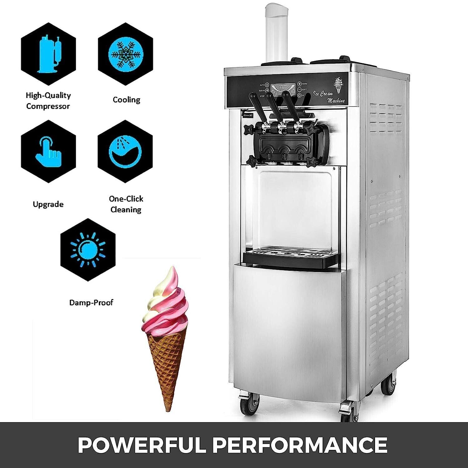 Commercial Soft Ice Cream Maker, 2200W, 2+1 Flavors, High-Capacity 20-28L/H Production