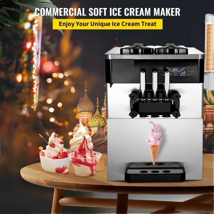 Commercial Countertop Soft Ice Cream Machine, 2200W Ice Cream Maker with 2+1 Flavors, High-Performance for Ice Cream Shops, Cafes, and Events, Durable Orange Design, Fast and Efficient Operation