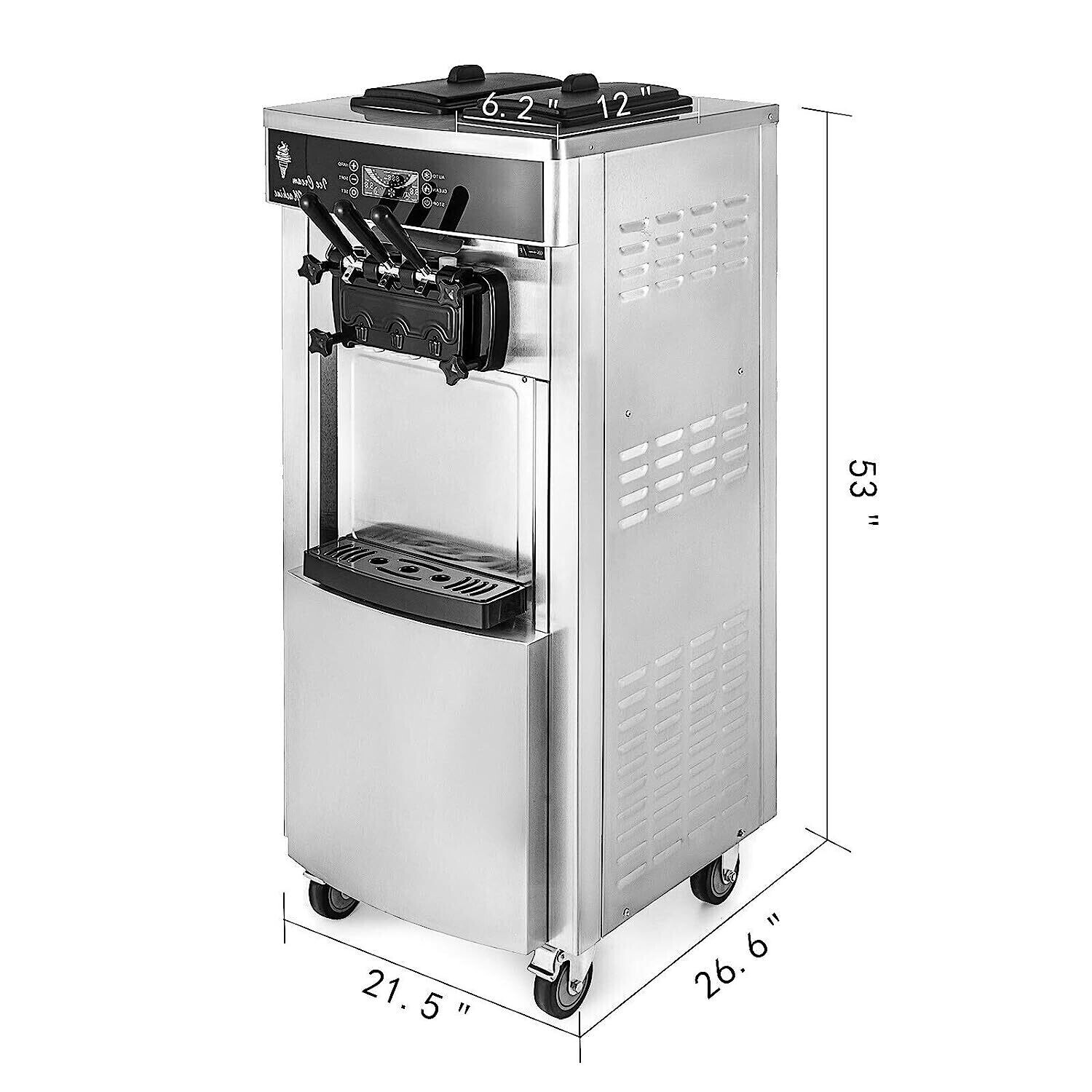 Commercial Soft Ice Cream Maker, 2200W, 2+1 Flavors, High-Capacity 20-28L/H Production