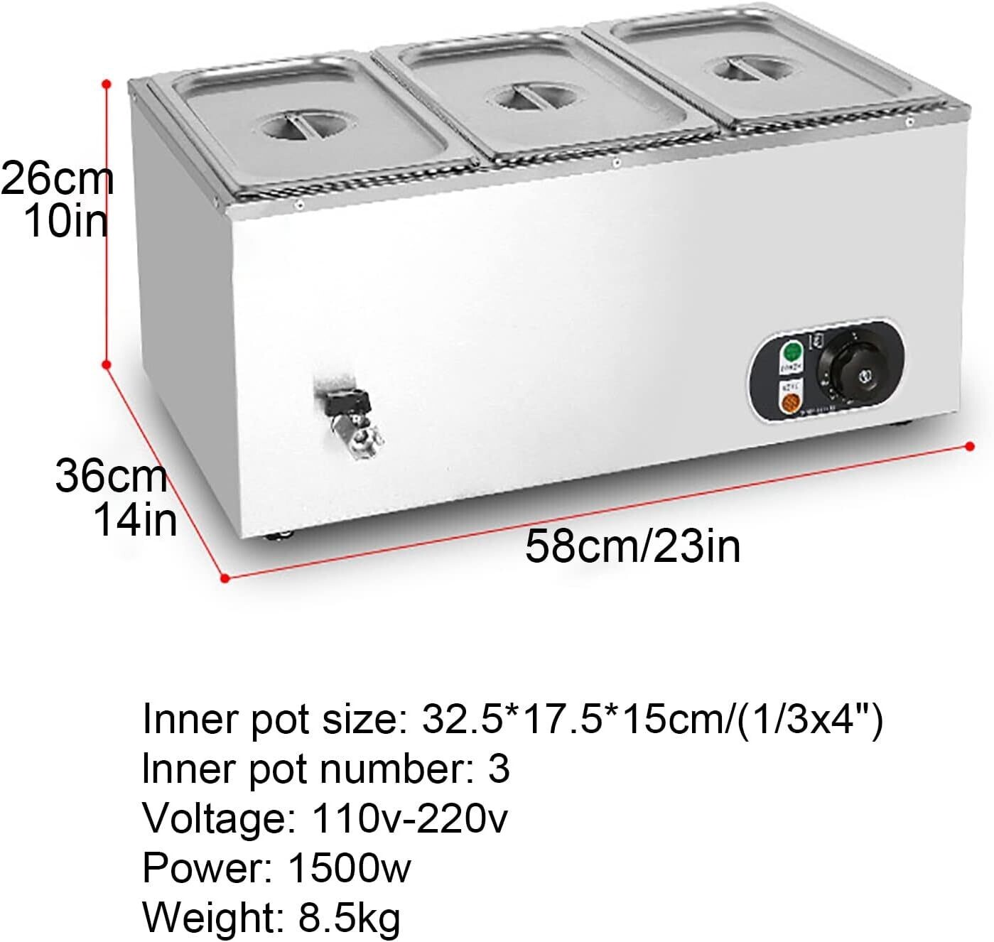 Commercial 3-Pan Food Warmer, Heavy Gauge 1200W Bain Marie Steam Table, Food Warmer for Restaurant and Catering