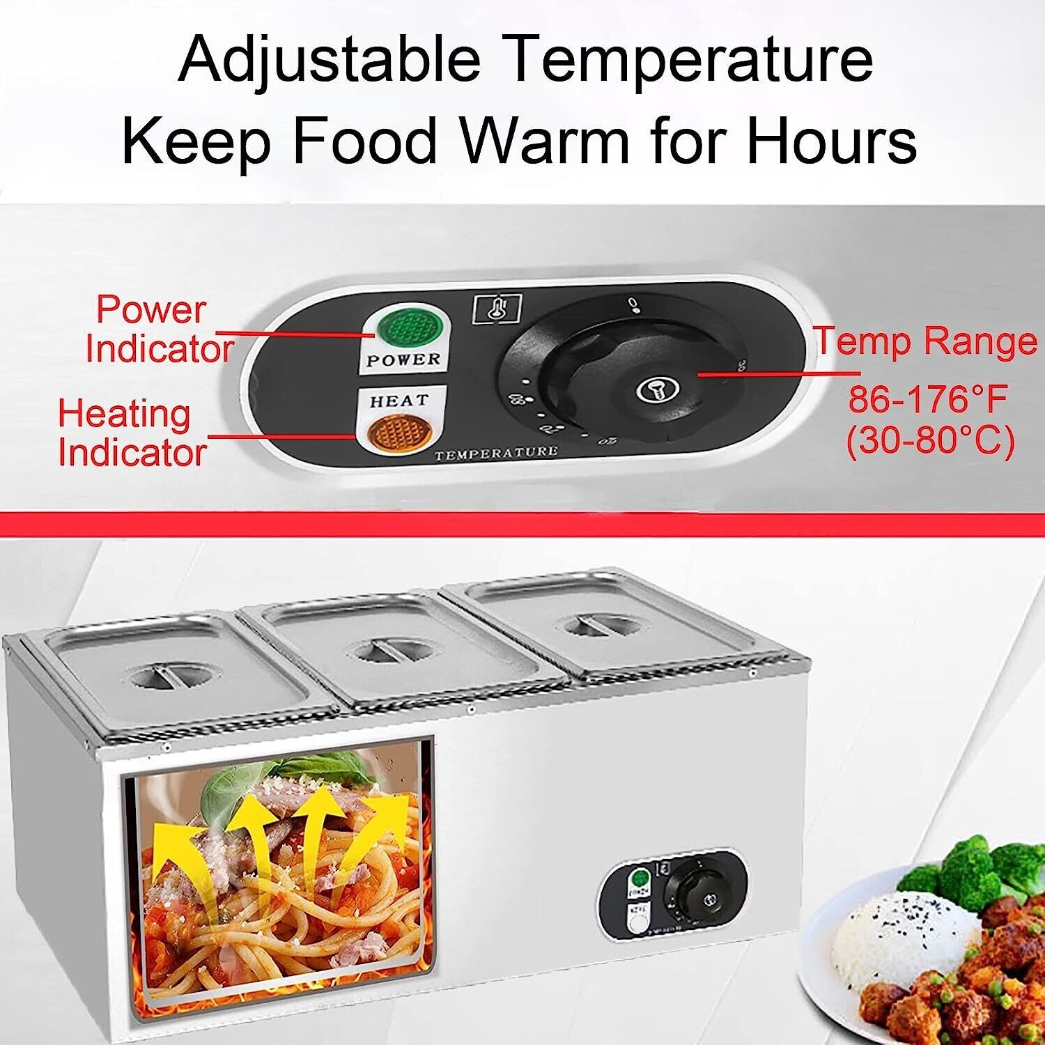 Commercial 3-Pan Food Warmer, Heavy Gauge 1200W Bain Marie Steam Table, Food Warmer for Restaurant and Catering