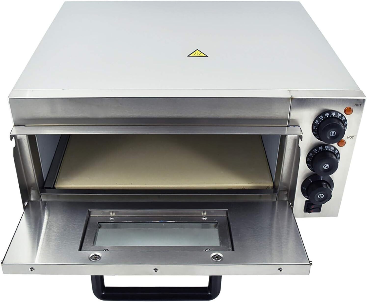 Commercial Electric Pizza Oven Maker with Timer, Stainless Steel Construction, Adjustable Temperature for Consistent Pizza Cooking.
