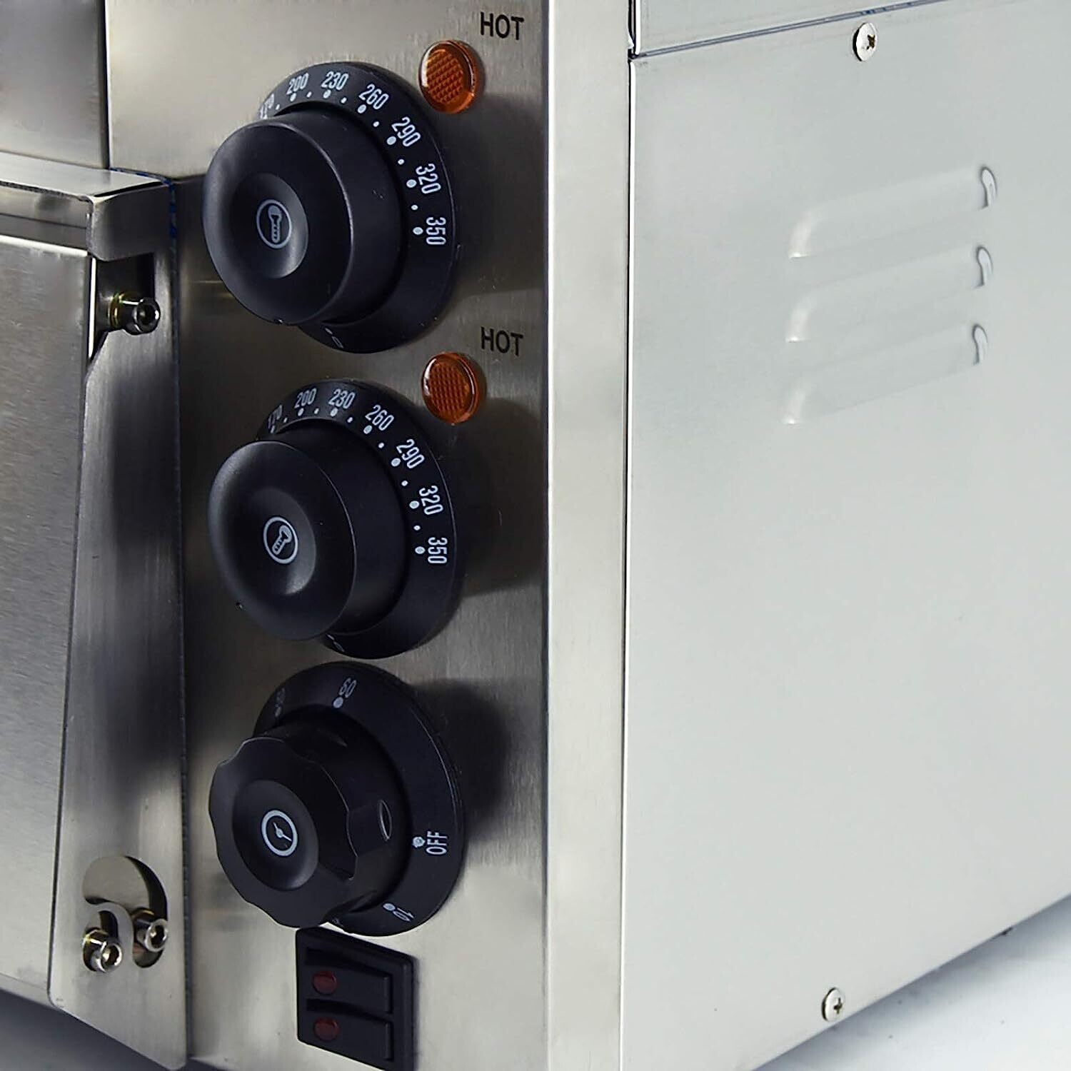 Commercial Electric Pizza Oven Maker with Timer, Stainless Steel Construction, Adjustable Temperature for Consistent Pizza Cooking.
