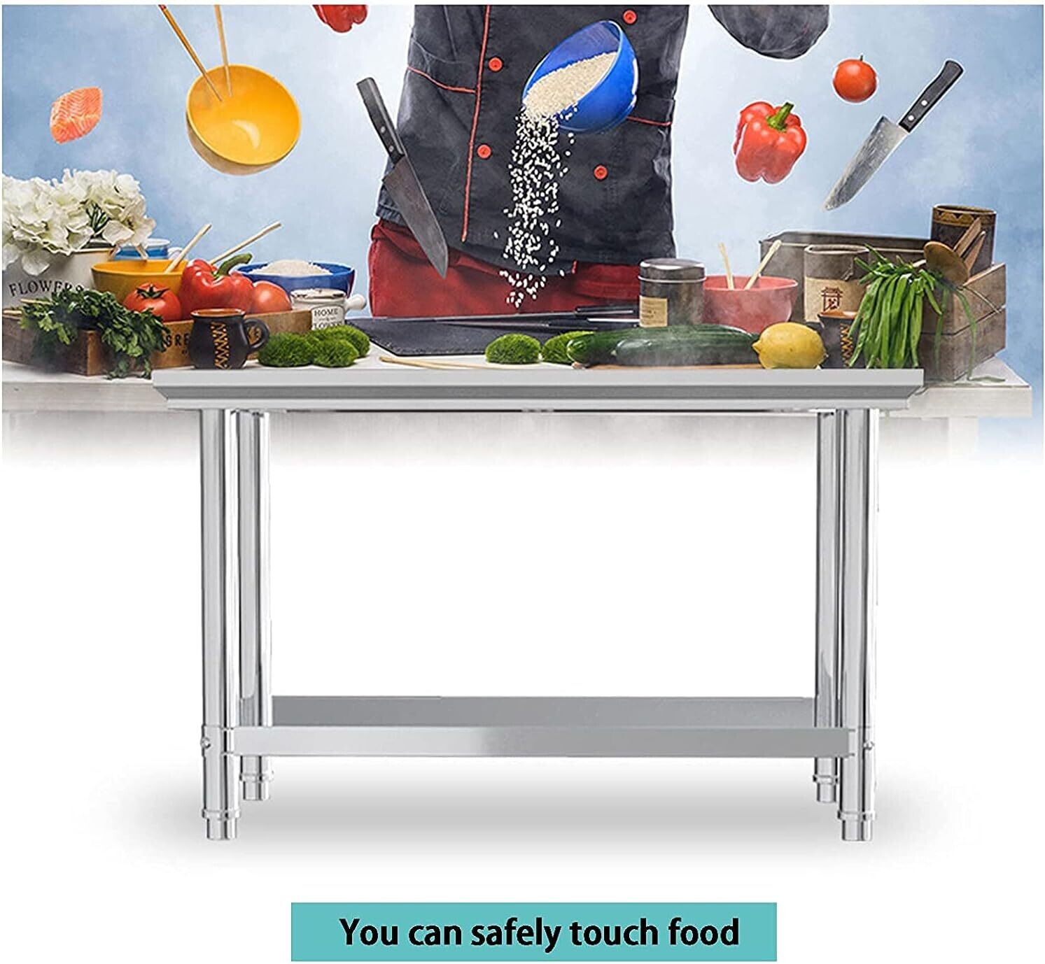 Commercial Kitchen Prep Workbench, 60x76x80 cm, Stainless Steel Work Table with Lower Shelf, Restaurant Equipment, Food Preparation Table, Durable Kitchen Furniture
