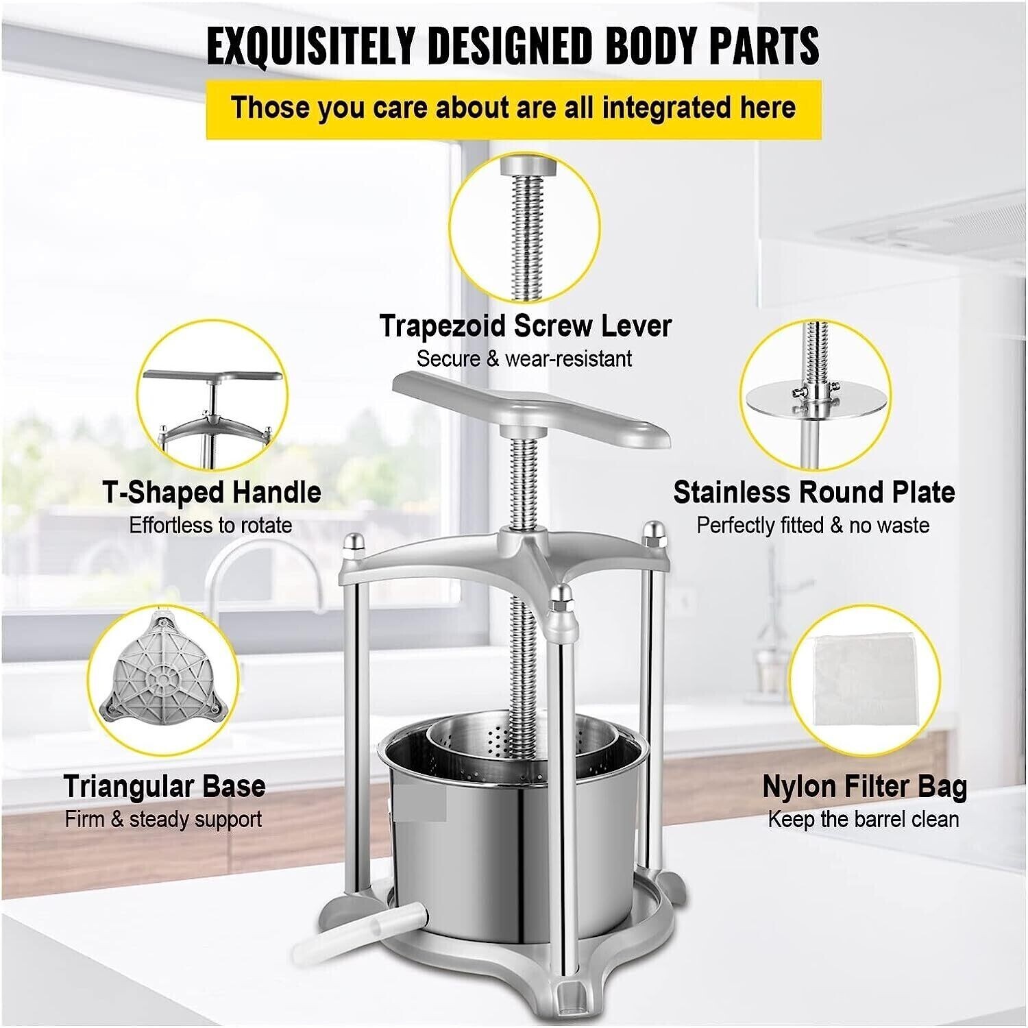 Dual Stainless Steel Barrels Manual Press Machine – Triangular Structure with T-Handle for Cider, Tincture, Cheese, Herbs, and Vegetables