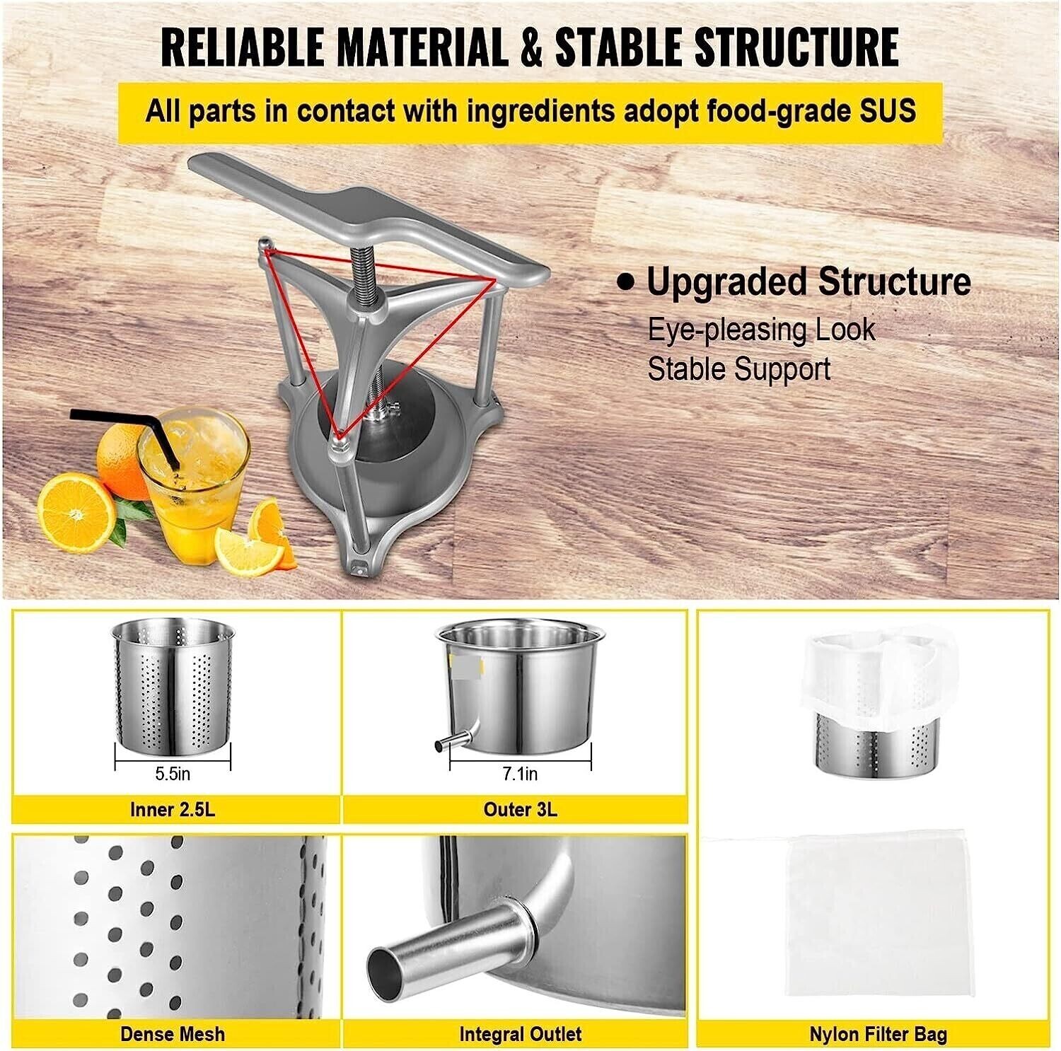 Dual Stainless Steel Barrels Manual Press Machine – Triangular Structure with T-Handle for Cider, Tincture, Cheese, Herbs, and Vegetables