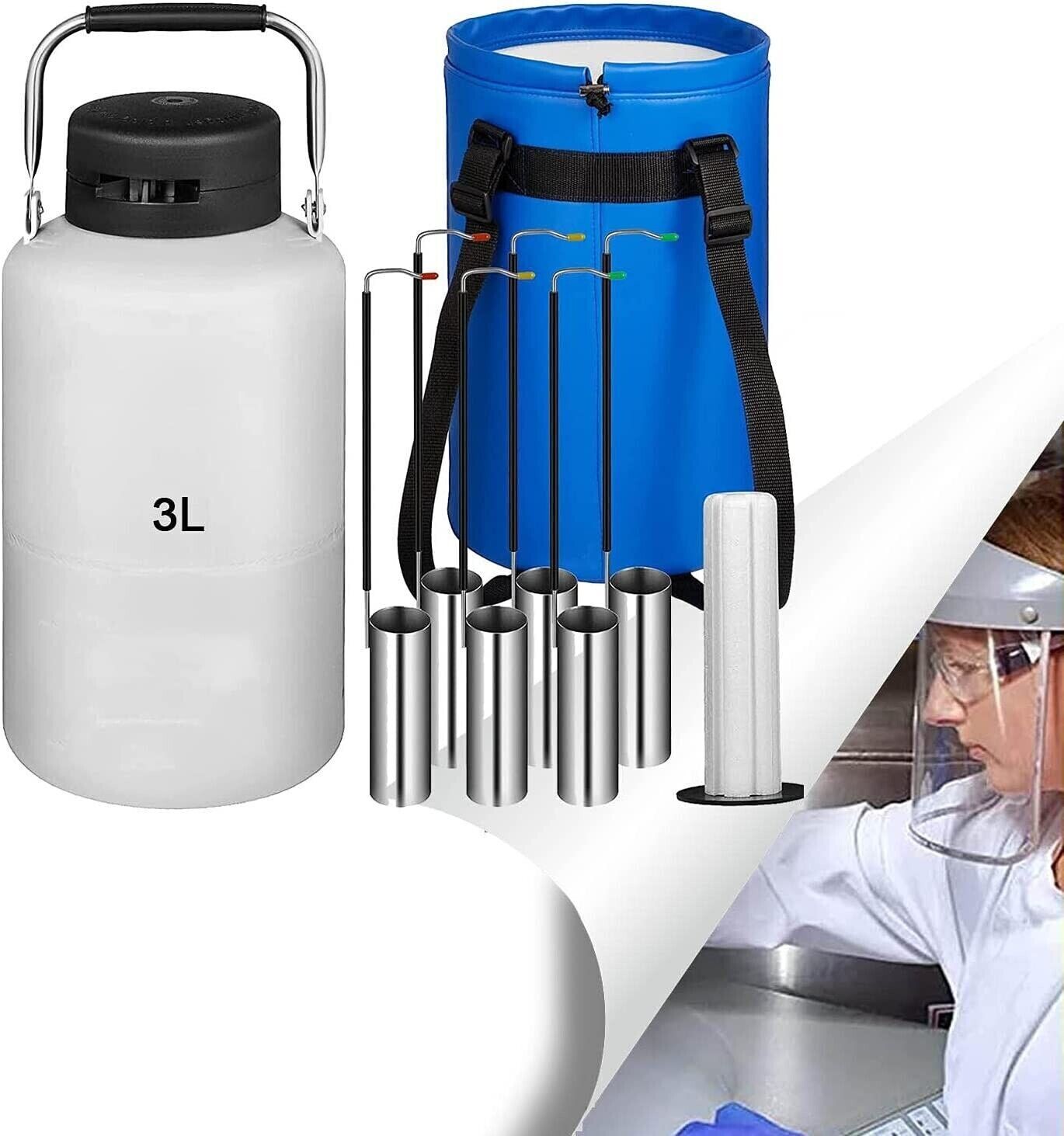 3L Liquid Nitrogen Container - Cryogenic Tank with 6 Canisters for LN2 Storage - Durable Dewar with Straps for Laboratory Use and Cryogenic Applications
