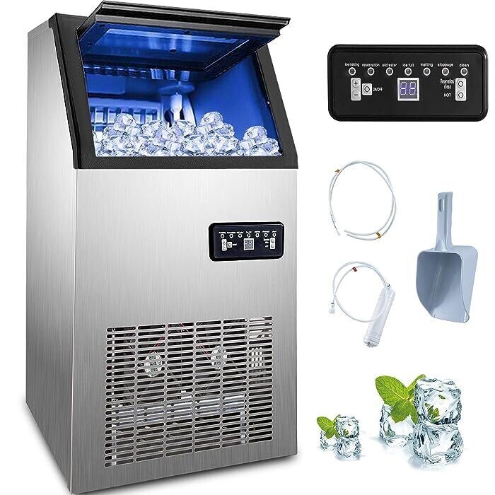 Commercial 50KG Ice Cube Maker Machine, Digital Control Refrigeration 110LBS/24Hfor Bar Home Supermarkets Stainless Steel