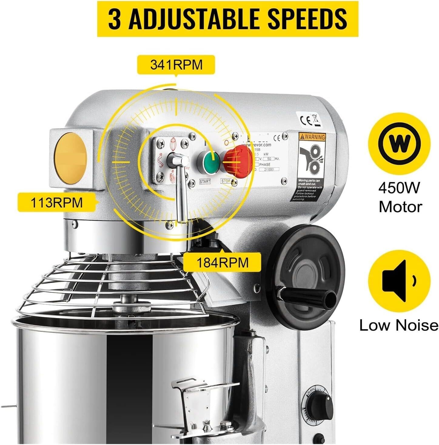 500W Commercial Electric Food Mixer - 15Qt Stand Mixer for Efficient Dough Mixing and Food Preparation